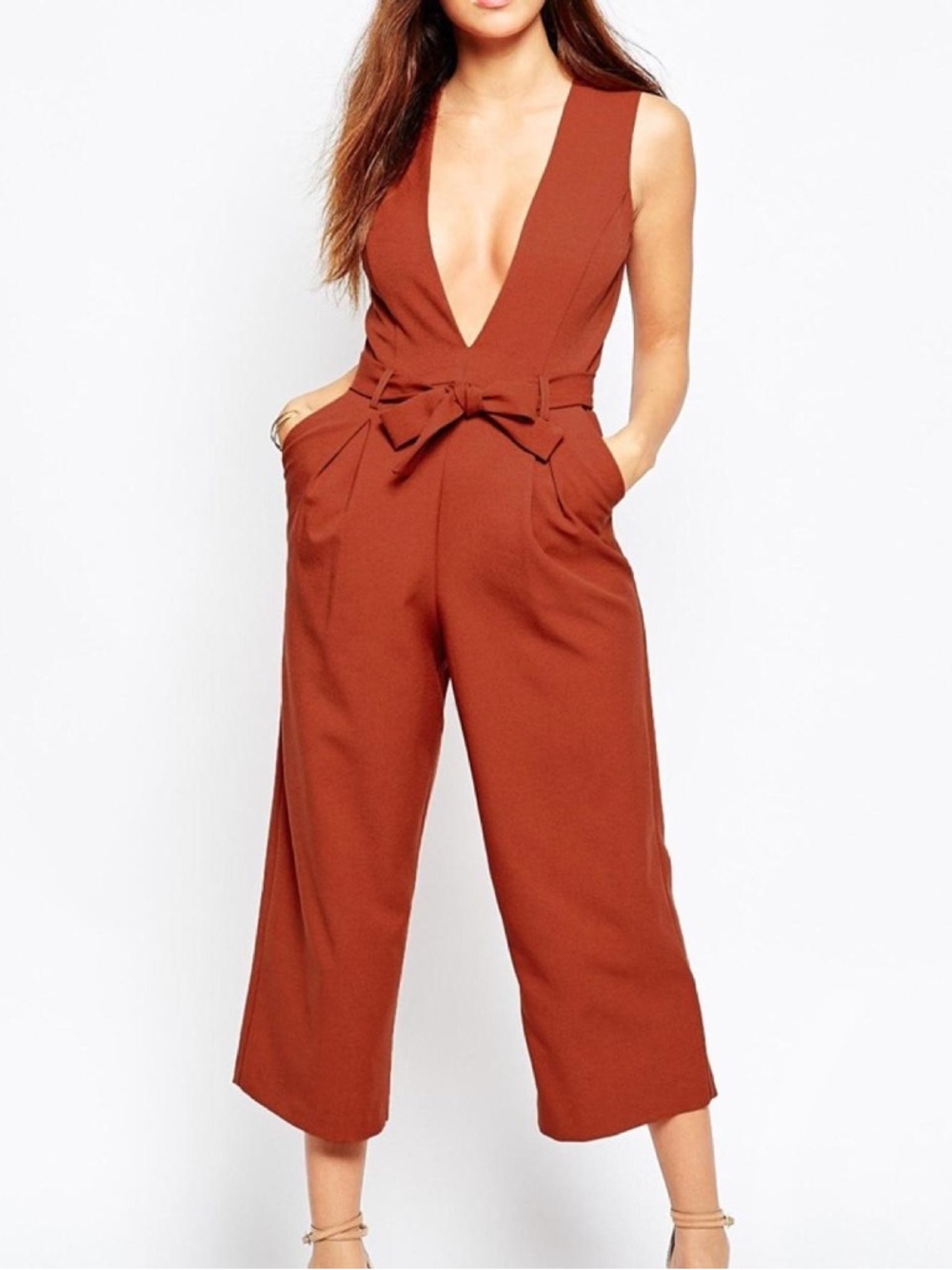 ASOS Rust-Orange V-Neck Wide-Leg Jumpsuit with Waist Tie